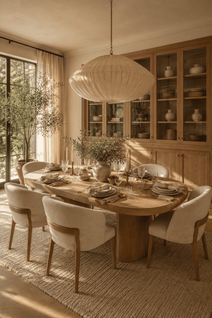 Luxury dining room with a white oak table, upholstered chairs, sculptural pendant lighting, artisan ceramics, and warm natural sunlight.