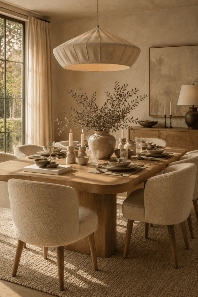 Modern organic dining room with a white oak table, boucle chairs, artisan ceramics, and warm natural lighting.