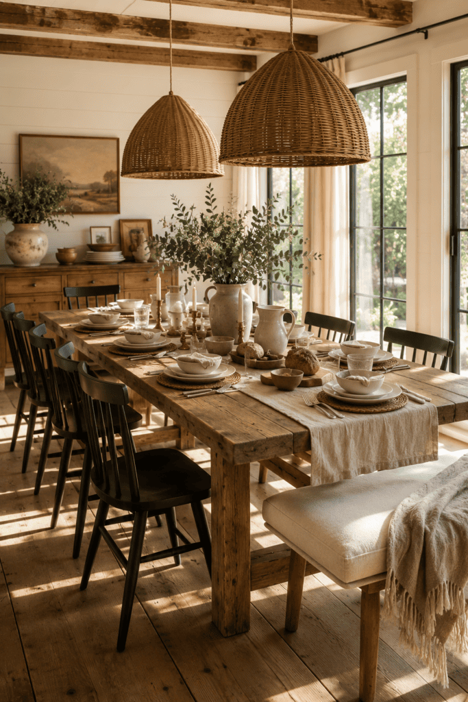 Modern farmhouse dining room with reclaimed wood table, spindle chairs, woven pendant lights, and timeless rustic decor.