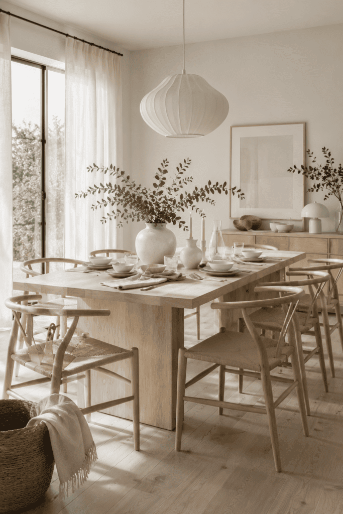 Bright Scandinavian dining room with pale oak furniture, woven chairs, minimalist decor, and soft natural light.