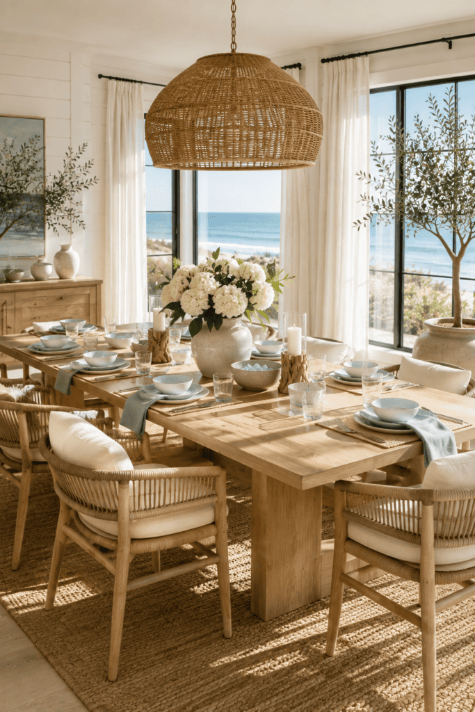 Elegant coastal dining room with a white oak table, woven dining chairs, hydrangeas, and bright ocean-inspired decor.