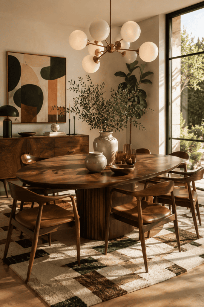 Mid-century modern dining room with walnut furniture, leather chairs, globe chandelier, and timeless designer styling.
