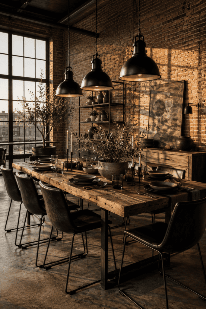 Industrial dining room with reclaimed wood table, leather chairs, exposed brick walls, and black steel accents.