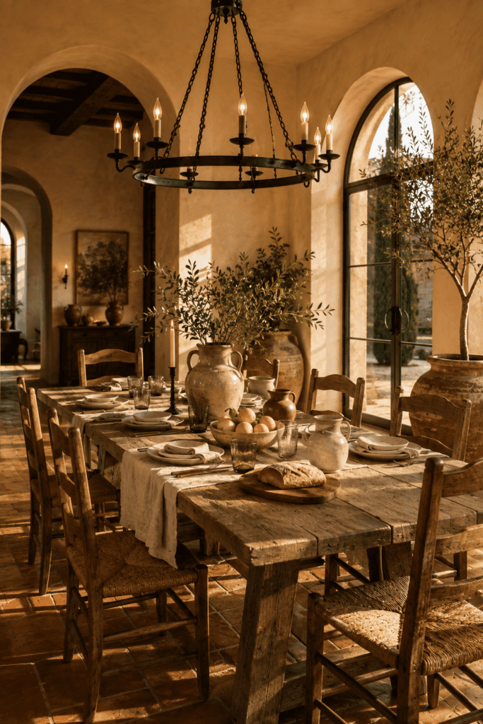 Mediterranean dining room with rustic oak table, terracotta flooring, olive trees, and elegant European-inspired decor.