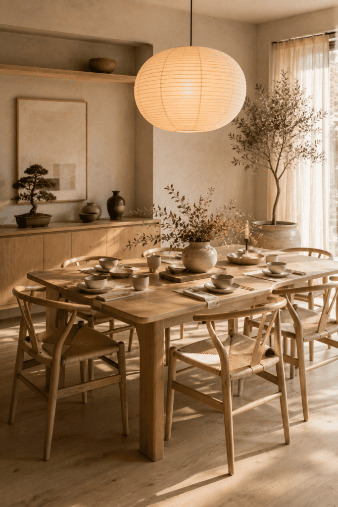 Peaceful Japandi dining room with a light oak table, paper lantern, handcrafted ceramics, and minimalist natural styling.