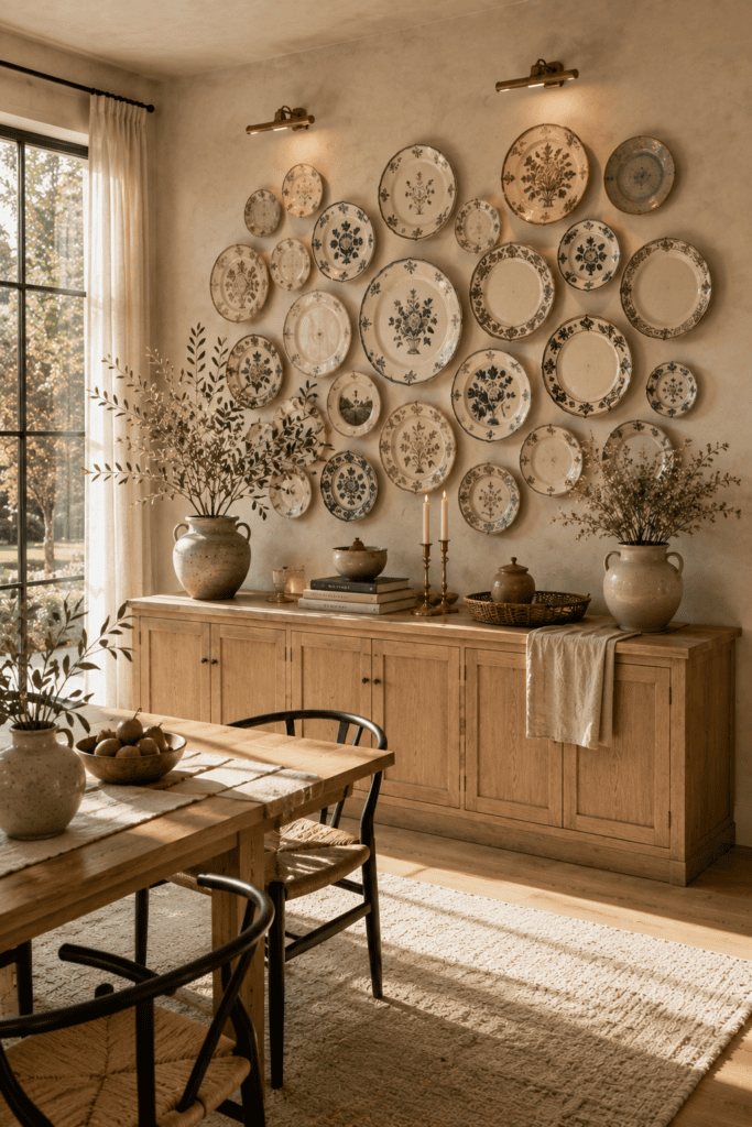 Decorative plate wall featuring handcrafted ceramic plates above a white oak sideboard in a warm designer dining room.