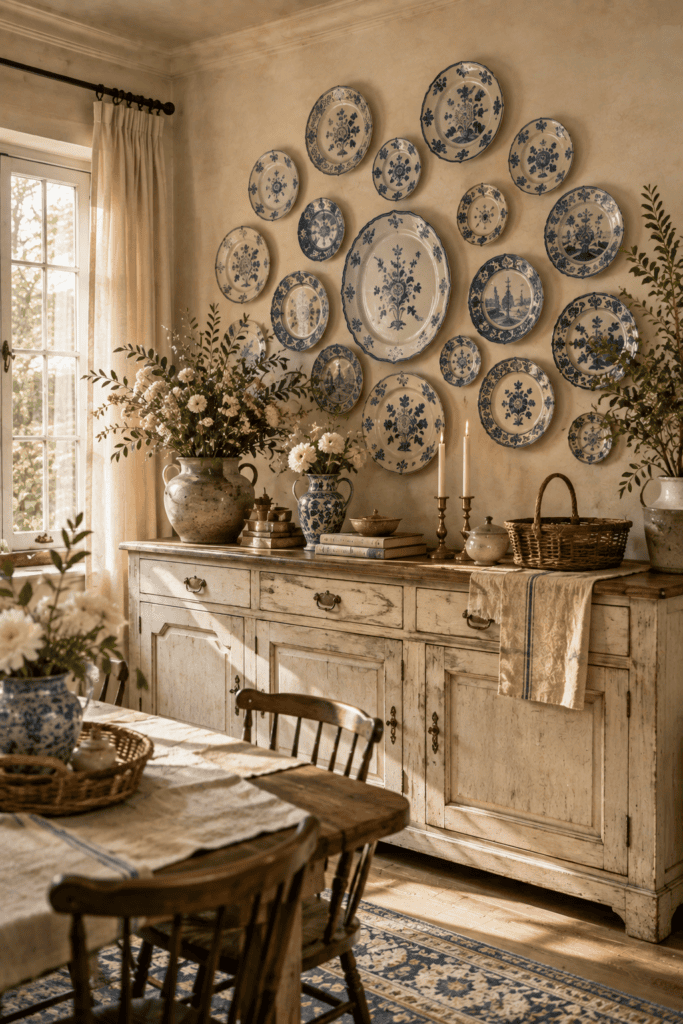 English cottage plate wall with blue and white porcelain plates, vintage furniture, and timeless traditional styling.