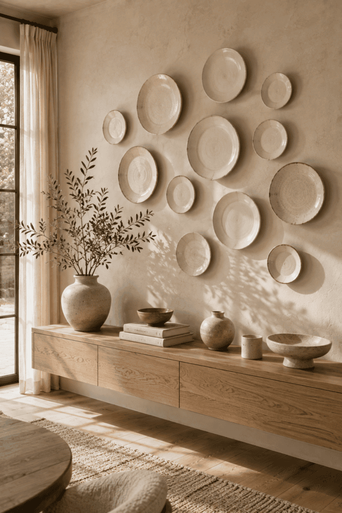 Modern minimalist wall featuring handcrafted white ceramic decorative plates and a floating oak console.