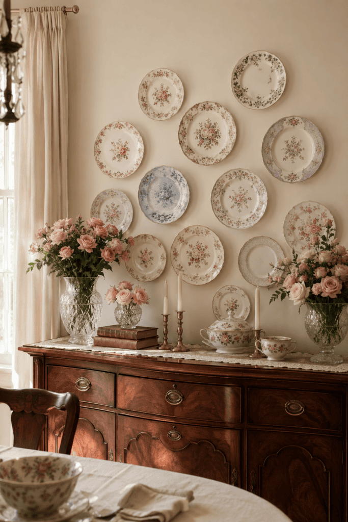 Vintage floral plate gallery wall with antique china, walnut furniture, and elegant traditional decor.