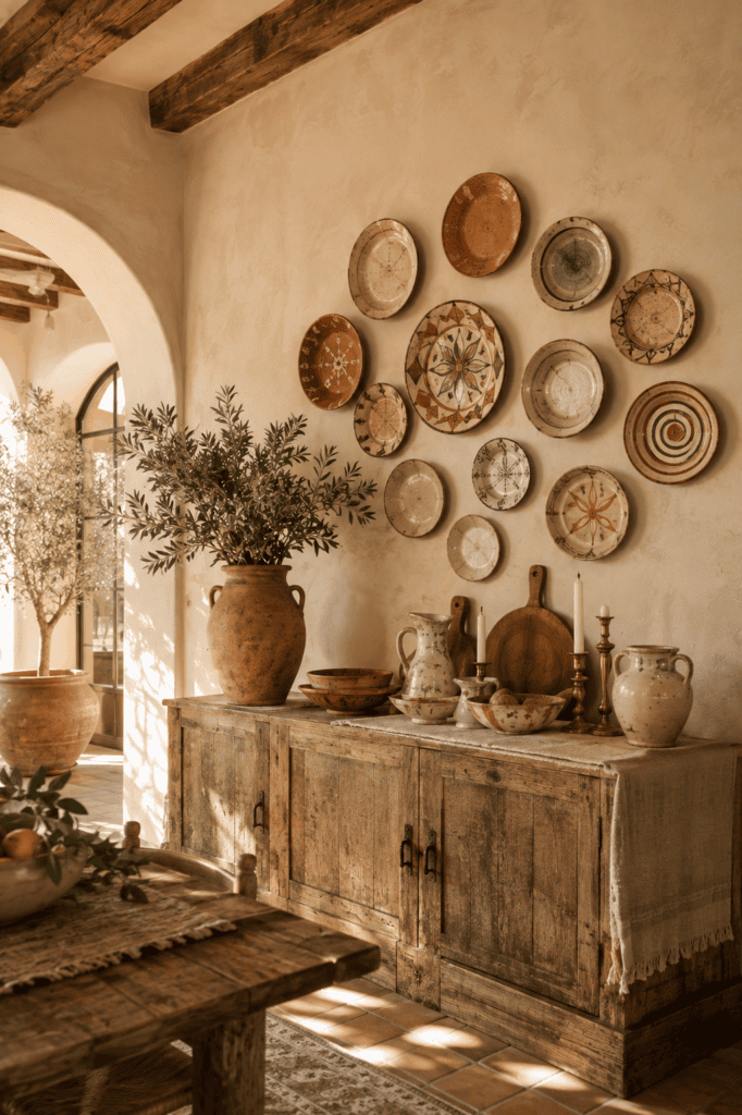 Mediterranean plate wall with handcrafted terracotta ceramics, rustic oak furniture, olive branches, and warm limewash walls.