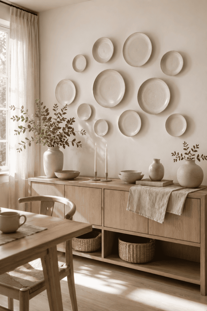 Minimal Scandinavian plate wall featuring handcrafted ivory ceramics above a light oak sideboard.
