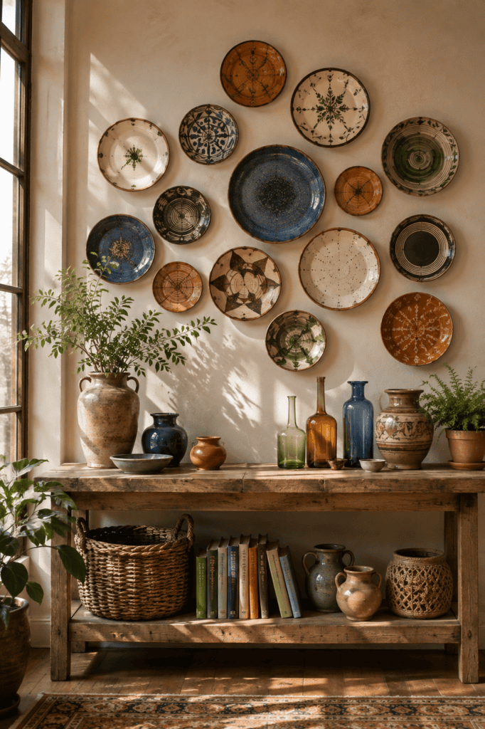 Colorful artisan ceramic plate wall featuring handcrafted pottery in earthy blue, green, terracotta, and cream tones.