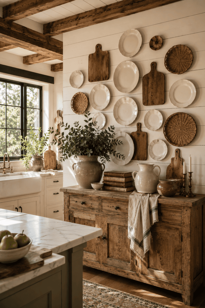 Farmhouse kitchen plate wall with white ironstone plates, vintage cutting boards, woven baskets, and rustic decor.