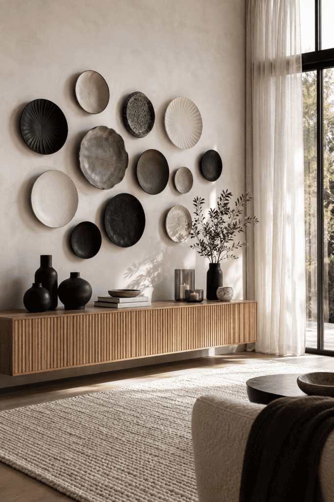 Modern black and white ceramic plate wall with handcrafted pottery above a floating oak credenza in a contemporary dining room.