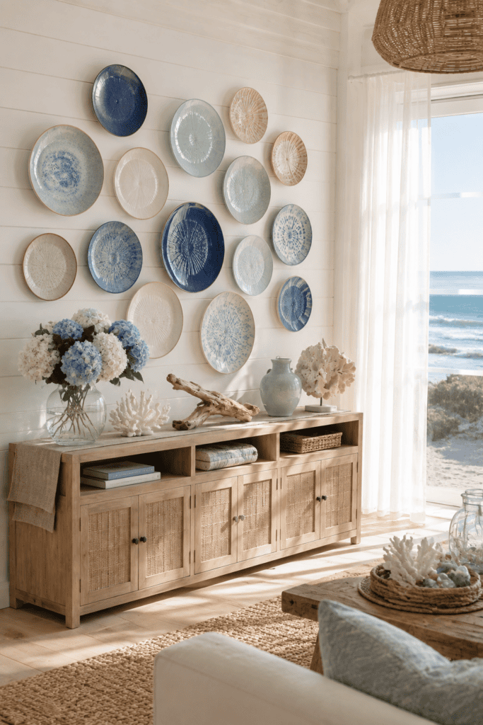 Coastal decorative plate wall with blue ceramic plates, white oak furniture, hydrangeas, woven textures, and bright beach house styling.