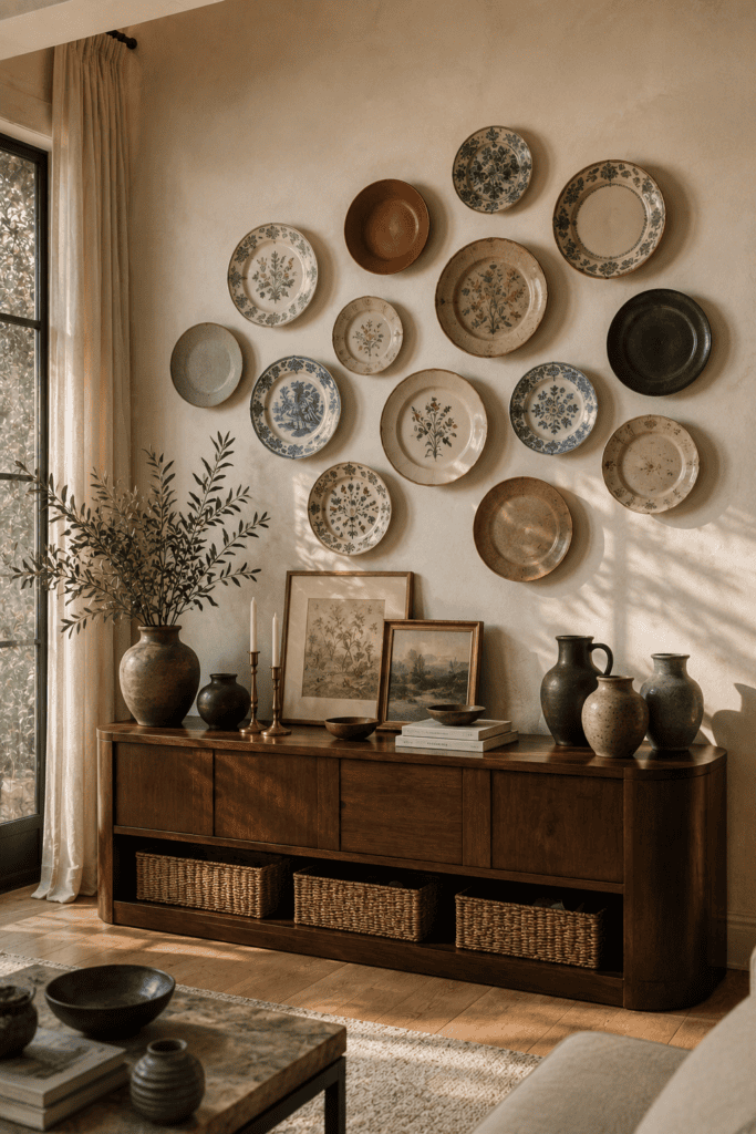 Mixed vintage and modern plate wall featuring antique porcelain, handcrafted ceramics, walnut furniture, and timeless collected home decor.