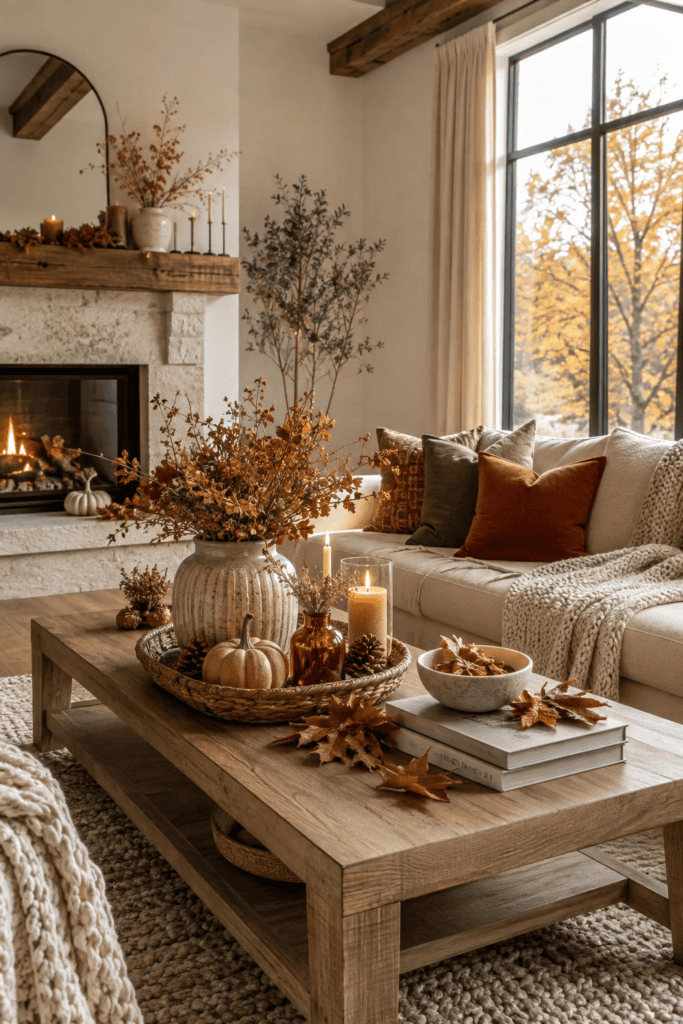Elegant fall living room with cozy blankets, pumpkins, candles, warm wood furniture, and beautiful autumn styling.