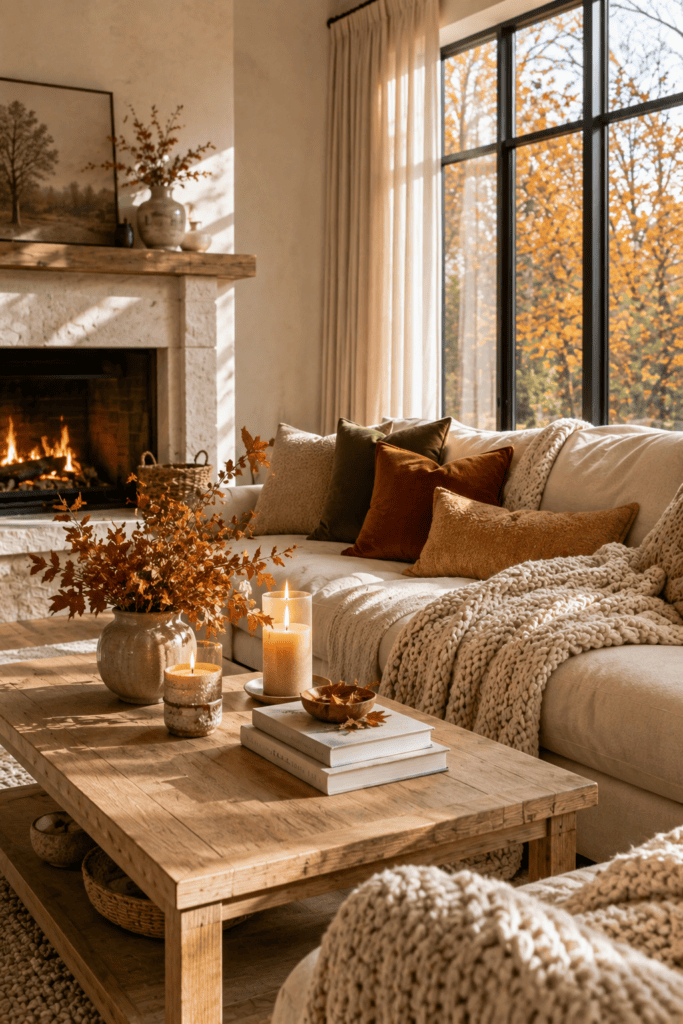 Cozy fall living room with chunky knit blankets, warm autumn pillows, and elegant seasonal decor.