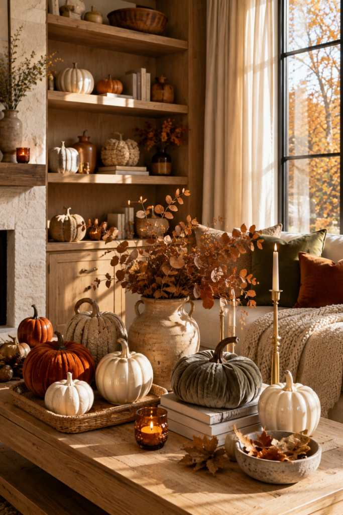Elegant indoor fall decor featuring ceramic pumpkins styled on a coffee table with candles and autumn accessories.
