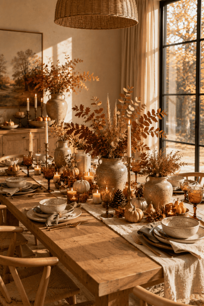 Elegant fall dining table with linen runner, ceramic dinnerware, pumpkins, candles, and seasonal centerpieces.