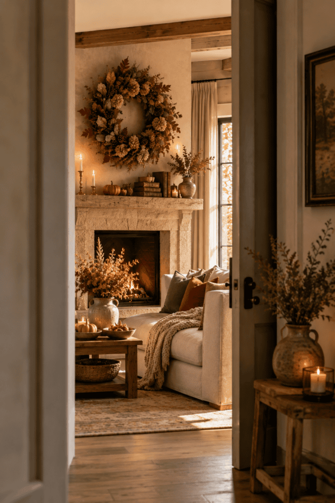 Autumn wreath above a limestone fireplace viewed through a hallway in a cozy luxury home.