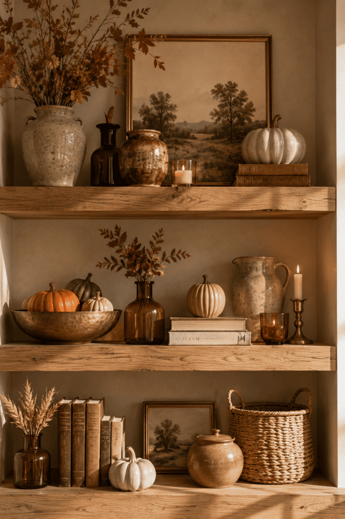 Close-up of beautifully styled fall shelves with ceramic pumpkins, amber glass, and handmade pottery.