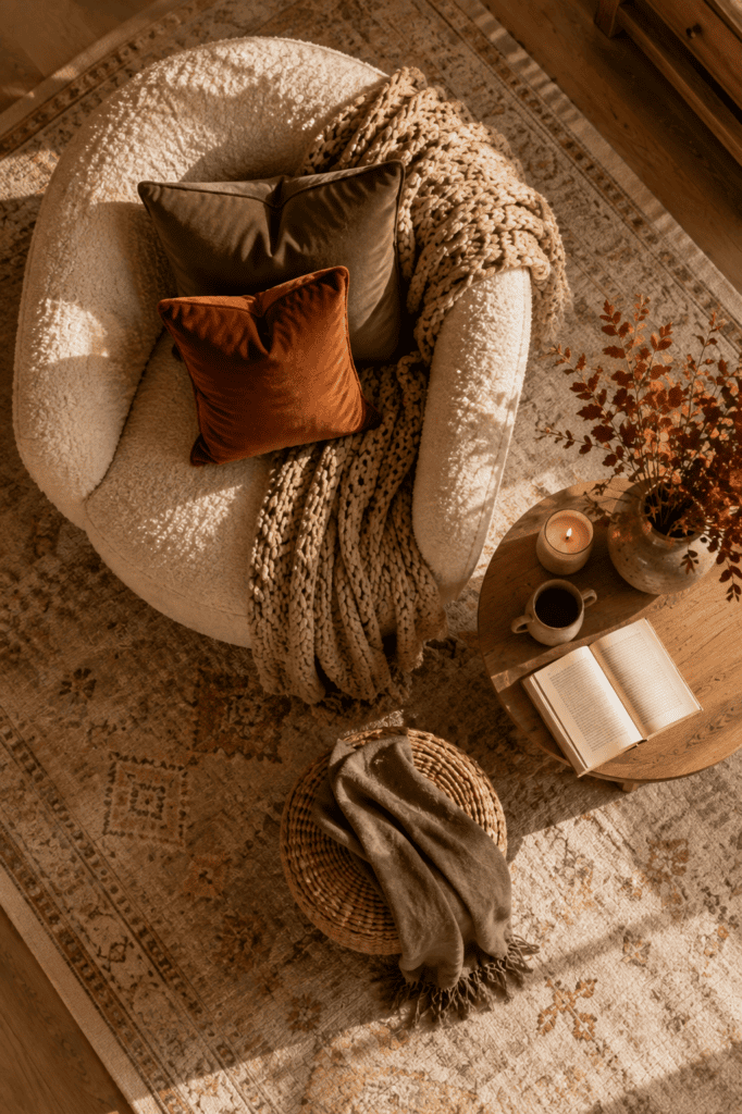 Overhead view of a cozy fall reading nook with layered blankets, textured pillows, and warm autumn colors.