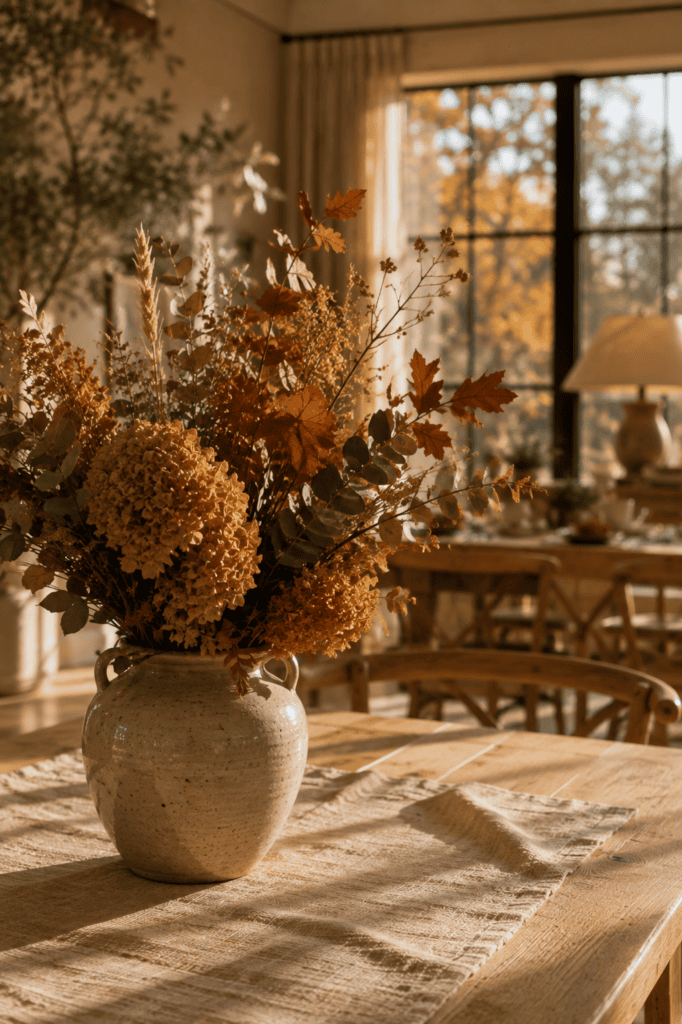 Low-angle view of a ceramic vase filled with dried autumn branches on a beautifully styled dining table.