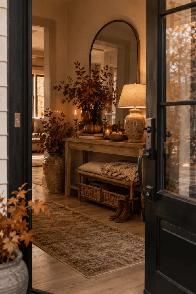 Warm fall entryway viewed through an open front door with pumpkins, dried branches, woven baskets, and cozy autumn styling.