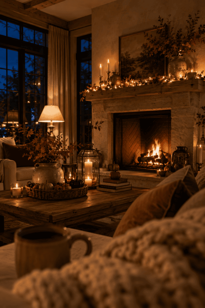 Cozy fall living room at night with candles, warm lamps, soft blankets, and glowing autumn ambiance.