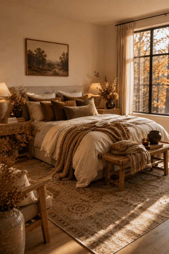 Cozy fall bedroom with layered linen bedding, chunky knit blankets, warm autumn colors, and beautiful morning light.