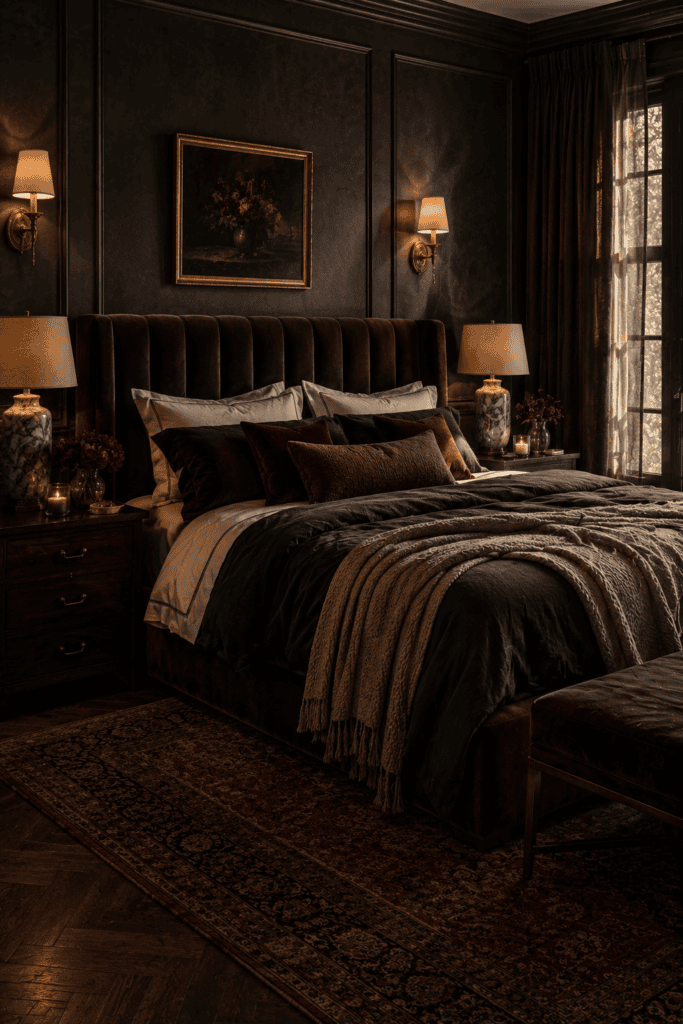 Luxurious dark feminine bedroom with an espresso velvet bed, charcoal walls, walnut furniture, brass accents, and moody ambient lighting.
