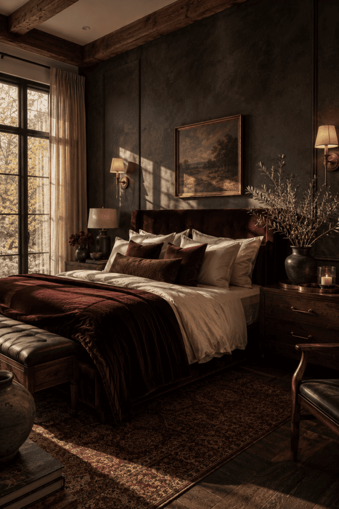 Dark feminine bedroom with charcoal walls, walnut furniture, brass accents, and elegant layered neutral decor.