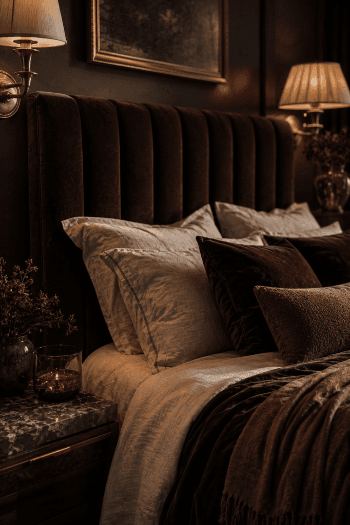 Luxury velvet upholstered bed with layered bedding, marble nightstands, and elegant brass lighting.