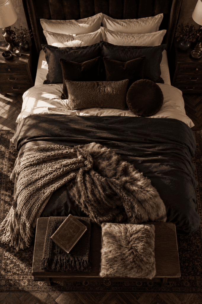 Overhead view of luxurious layered bedding with velvet pillows, chunky knit throws, and rich dark feminine textures.
