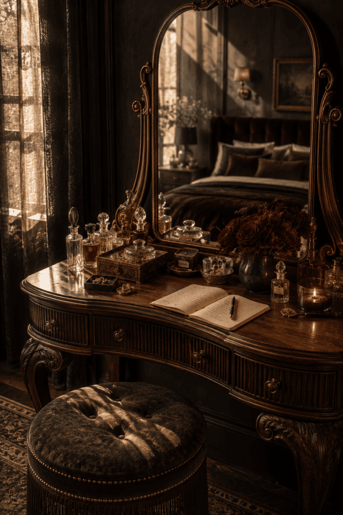 Vintage walnut vanity with antique brass mirror, crystal perfume bottles, velvet stool, and elegant dark feminine bedroom styling.