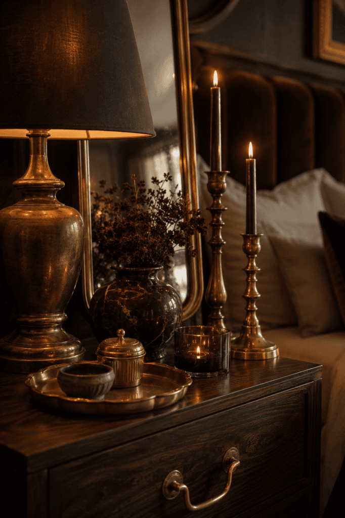 Elegant brass bedroom accents including antique lamps, gold mirror, candle holders, and walnut furniture.