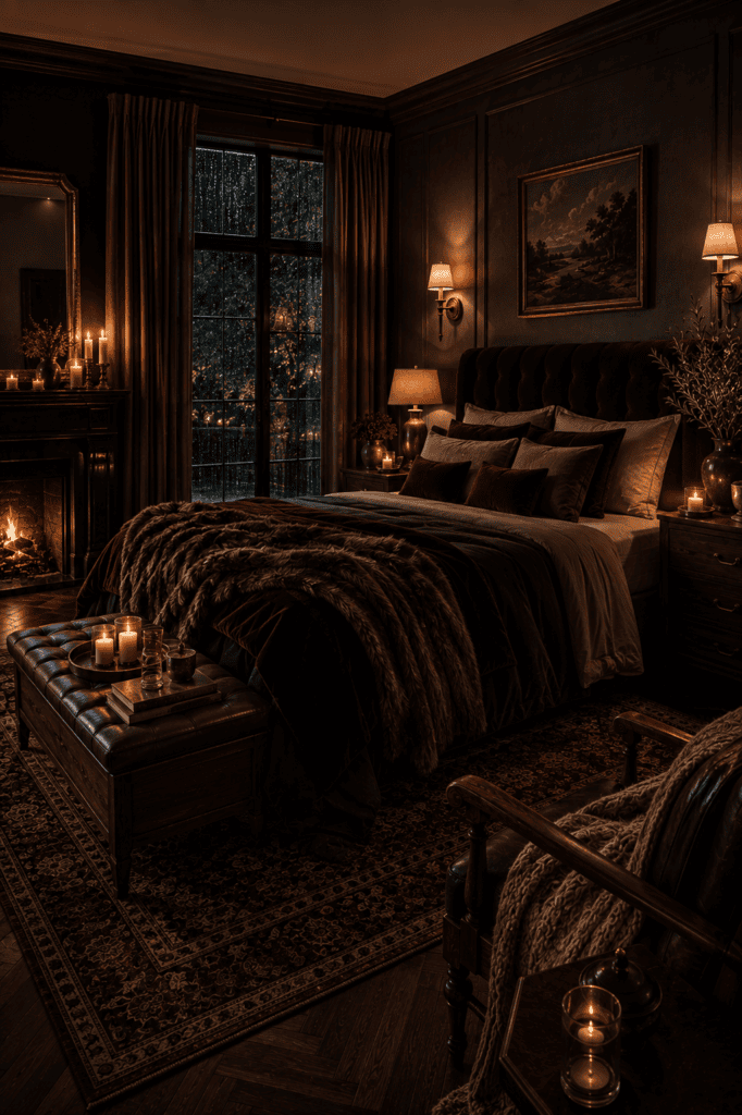Dark feminine bedroom illuminated by layered lamps, candles, sconces, and warm evening lighting.