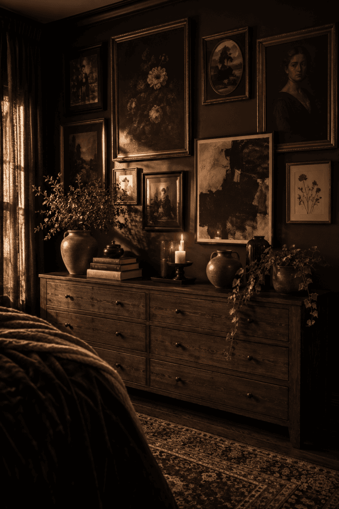 Curated gallery wall with vintage artwork, botanical prints, walnut dresser, and sophisticated dark feminine bedroom decor.