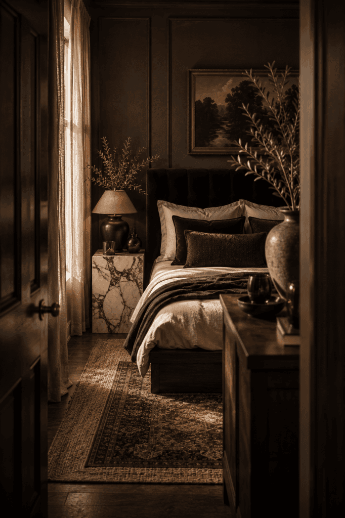 Dark feminine bedroom featuring walnut furniture, marble accents, linen bedding, woven textures, and handcrafted ceramics.