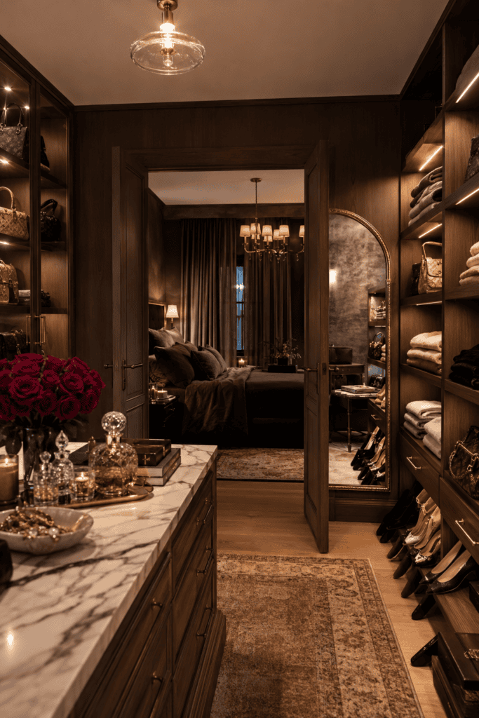 Luxury dark feminine dressing room with walnut wardrobes, marble island, brass lighting, crystal perfume bottles, and boutique-inspired styling.