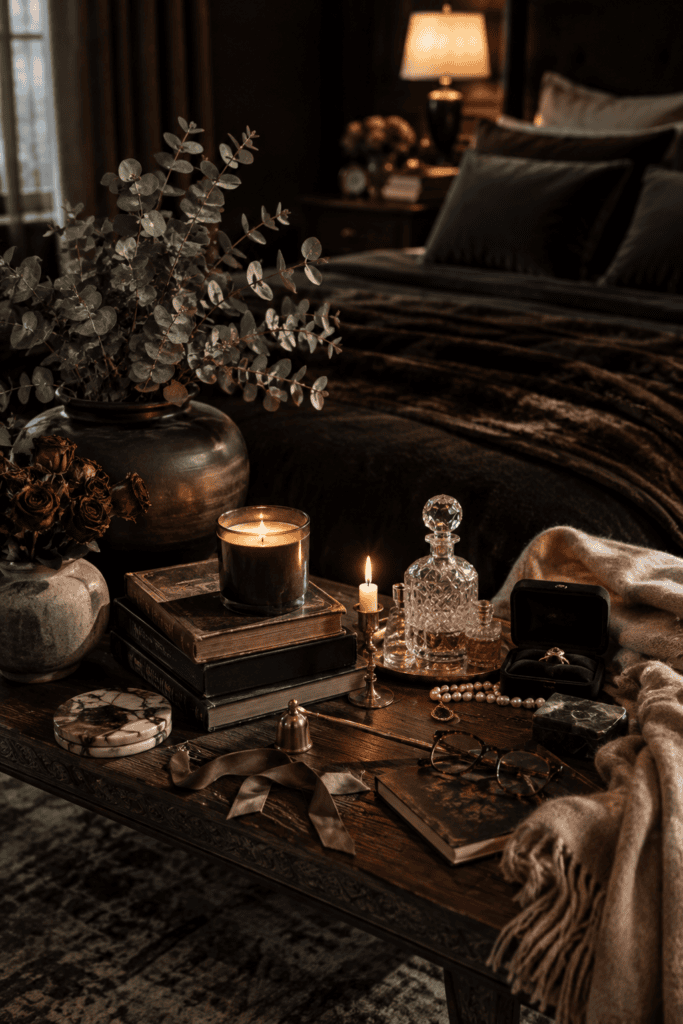 Curated dark feminine bedroom accessories featuring vintage books, candles, ceramics, velvet, marble, and elegant decorative accents.