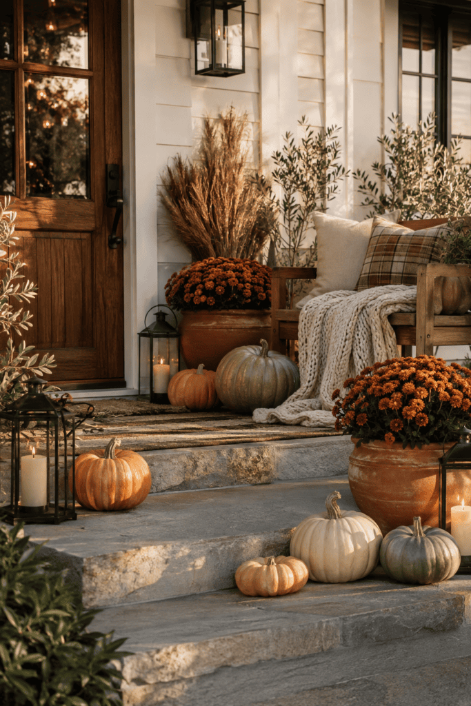 Elegant fall porch decor with layered pumpkins, lanterns, cozy seating, seasonal mums, and warm autumn styling at a beautiful American home.