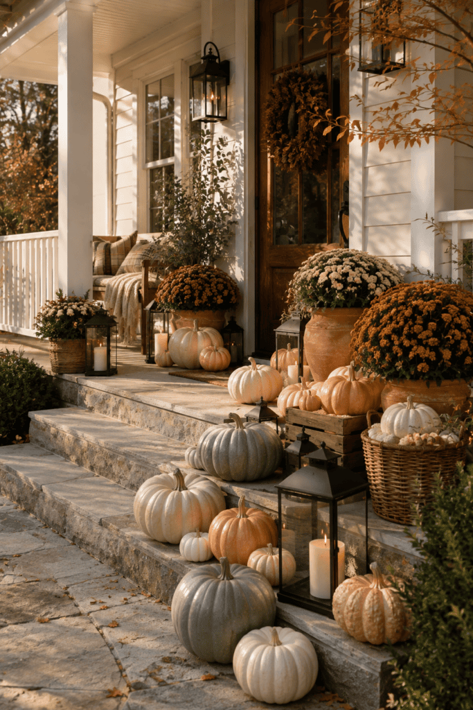 Layered heirloom pumpkins in soft autumn colors decorate a luxury American front porch with lanterns and rustic seasonal accents.