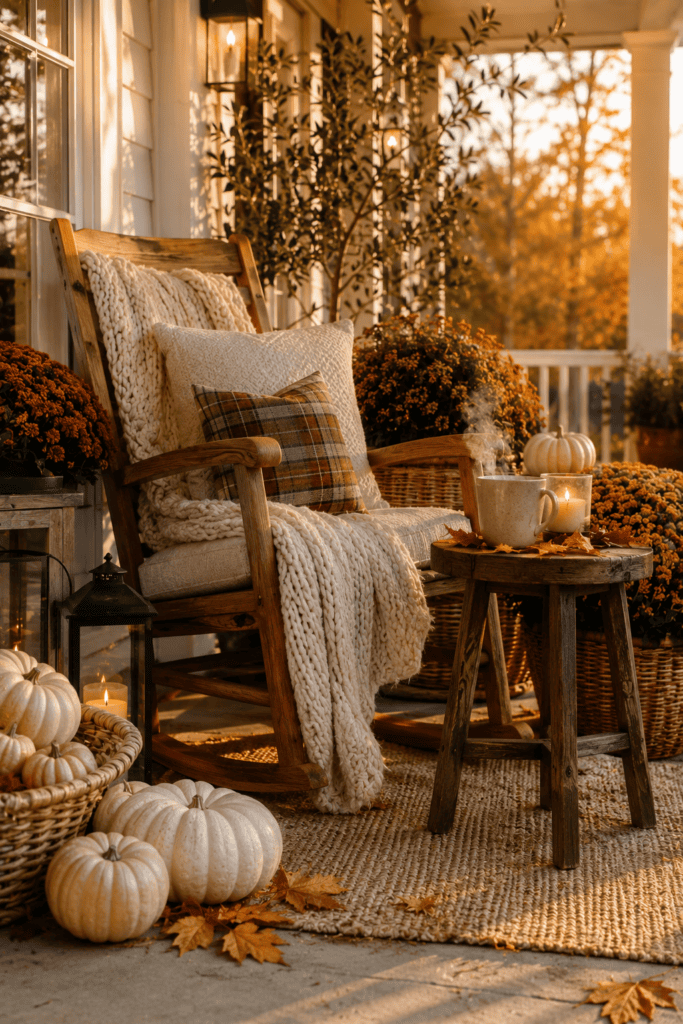 Cozy fall porch seating area with a rocking chair, knit blankets, lanterns, pumpkins, and seasonal autumn decor.