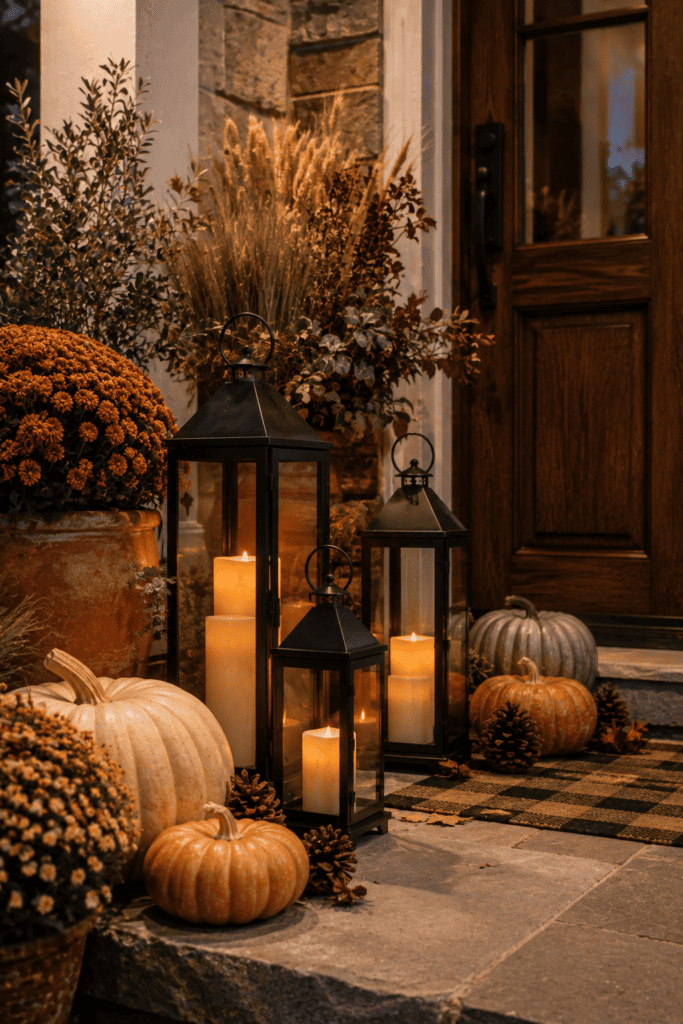 Elegant fall porch entrance featuring black lanterns, glowing candles, pumpkins, and seasonal autumn decorations.