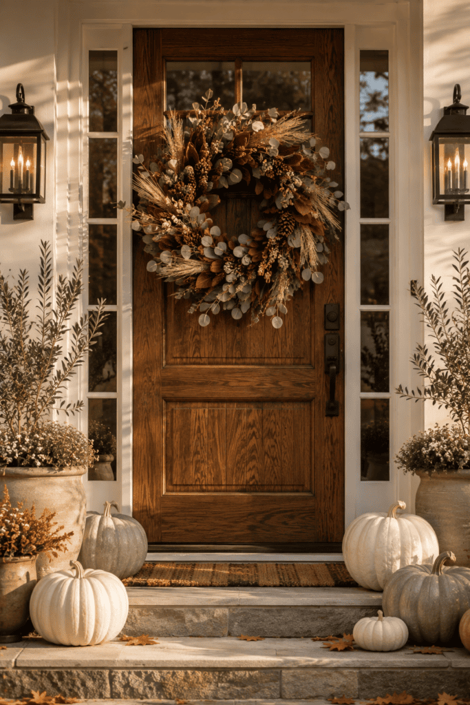 Beautiful autumn wreath with dried foliage and wheat decorating a luxury American front door for the fall season.