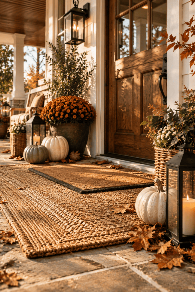 Layered outdoor rugs create a cozy and welcoming fall front porch decorated with pumpkins, lanterns, and seasonal accents.