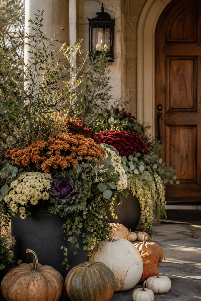 Luxury fall porch with oversized seasonal planters filled with mums, ornamental kale, pumpkins, and elegant autumn greenery.