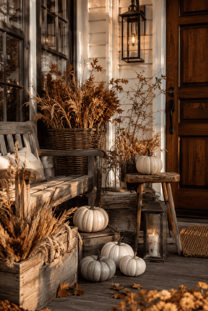 Rustic wooden furniture and vintage crates styled with pumpkins and lanterns create a warm and inviting fall porch.